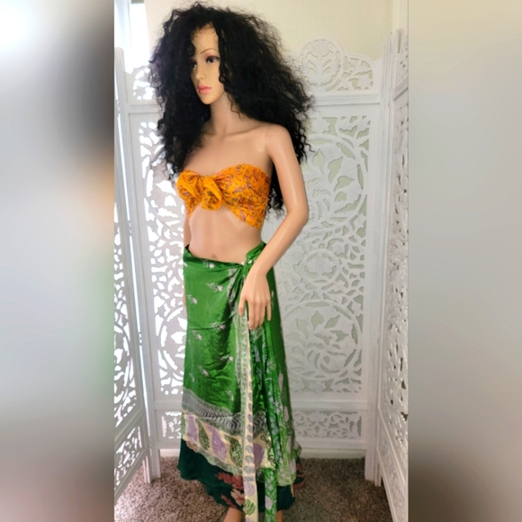 Exotic Silk Boho Green Multicolor Reversible Wrap Maxi Skirt - Picture 11 of 16